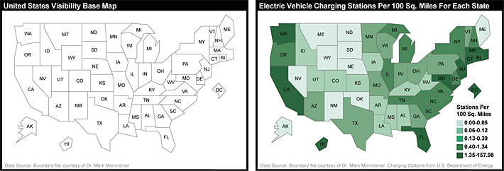 US. Visibility Base Map (left) & U.S. Electric vehicle charging stations per 100 sq. for each State (right). More in text above. 