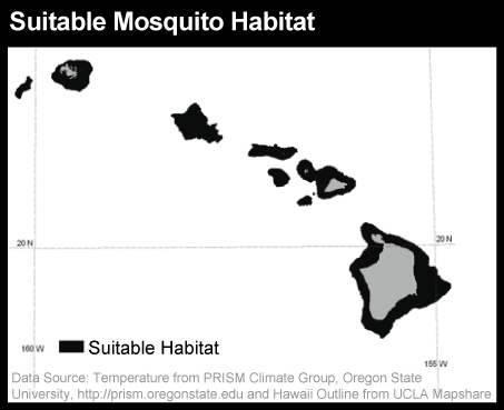 Potential Mosquito Habitat Map based on temperature in Hawaii. Suitable on island edges