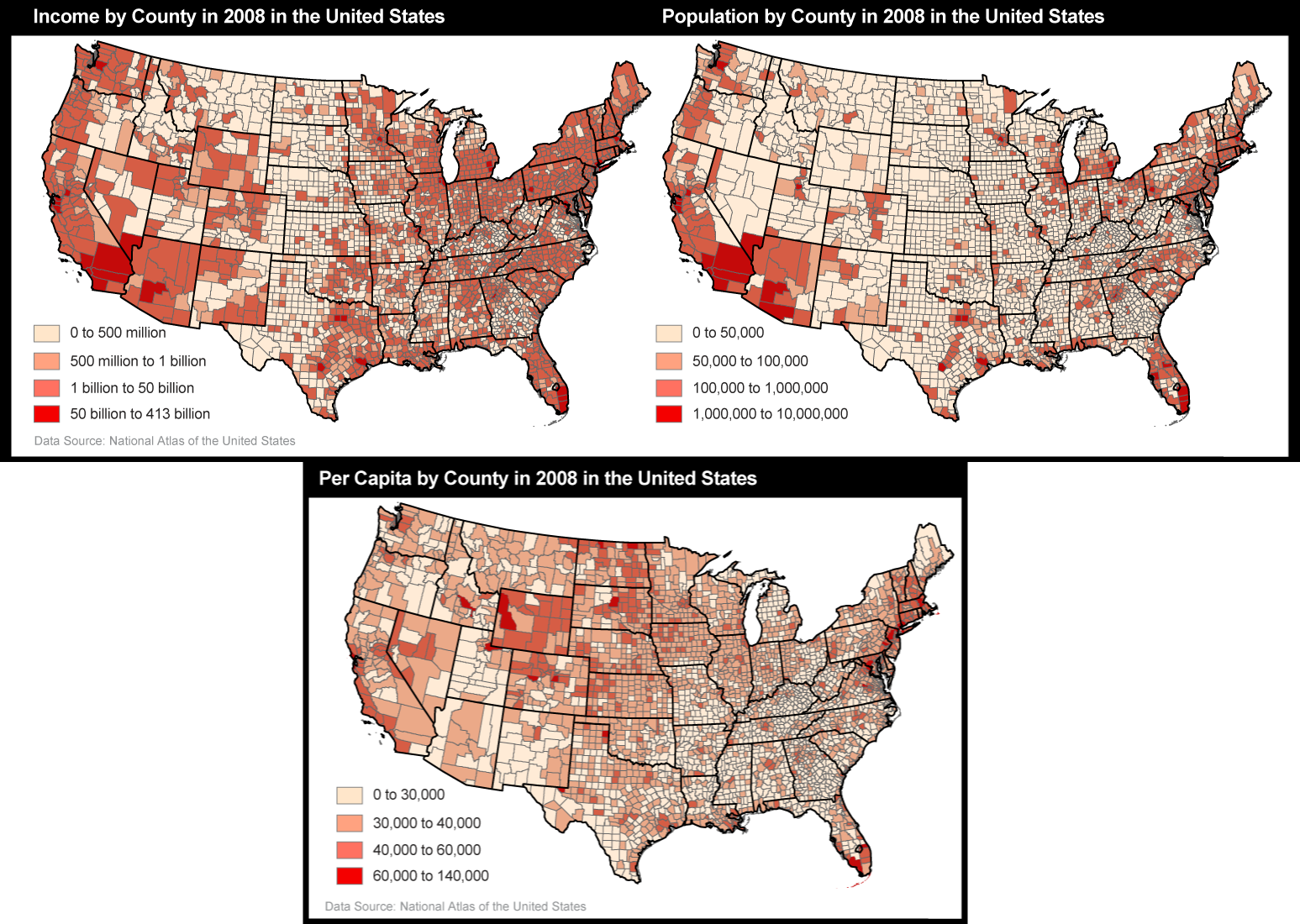 Total Income, Population, and Per Capita by County Maps