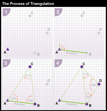 Diagram showing process of triangulation in a series of four graphs. More in surrounding text. 