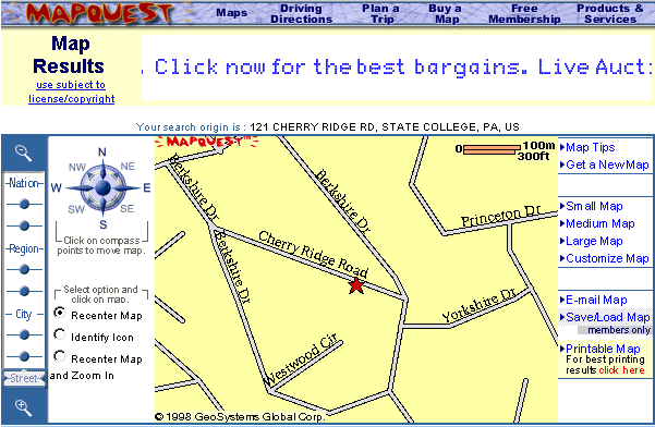 Screenshot of the same address geocoded by mapquest in 1998.