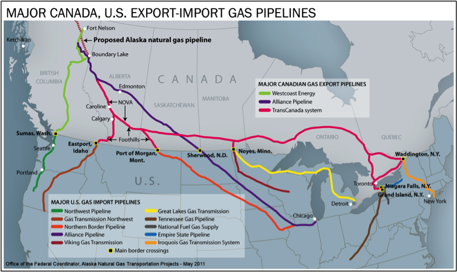 Map of the Gas Pipline Network From Canada to the United States. 3 Canadian lines to 10 US lines