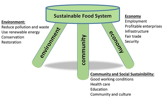 Schematic of the Three-legged Stool (Environment, Community and Economy), see text description in link below