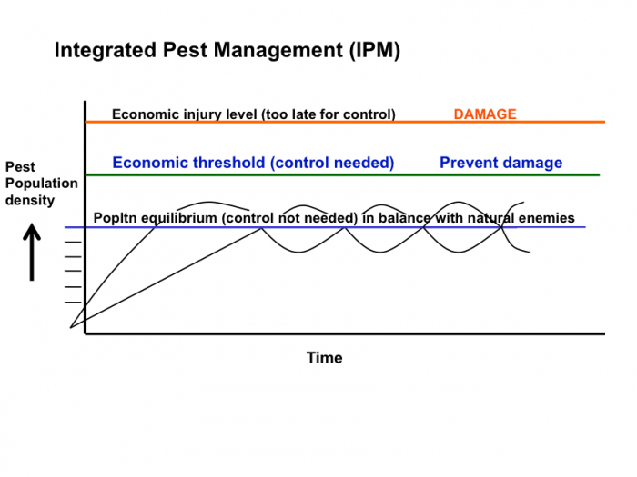 Line A: Damage- economic injury level (too late for control), Line B: Prevent damage- economic threshold (control needed), Line C: population equilibrium (control not needed) in balance with natural enemies