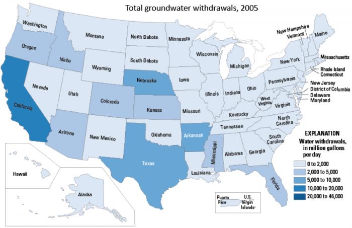 US map of groundwater withdrawals, by State, 2005, see text description in link below