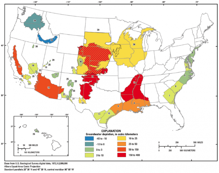 Map of the United States (excluding Alaska) showing cumulative groundwater depletion