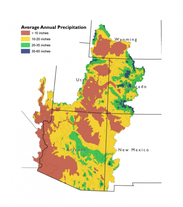 map shows average annual precipitation of the Colorado River basin, see image caption