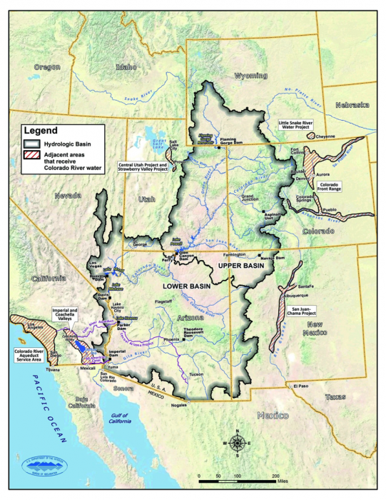 Map of the Colorado River basin showing areas outside of the basin using Colorado River water