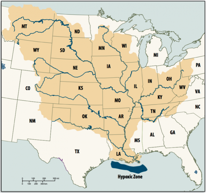 Map of Mississippi and Atchafalaya River Basin and hypoxic zone in Gulf of Mexico