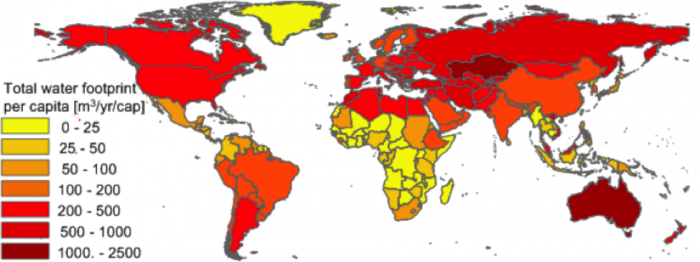 world map Water footprint per capita related to consumption of wheat products 1996–2005