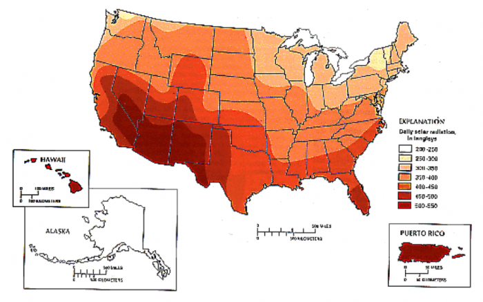 Map of Mean daily solar radiation in the United States and Puerto Rico