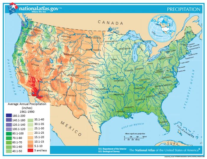 US Map shows average annual precipitation 1961-1990