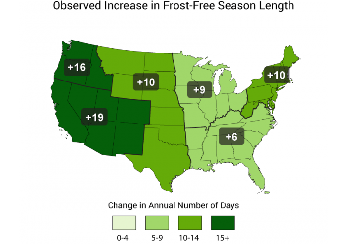 Observed changes in the frost-free season. See caption for more details.