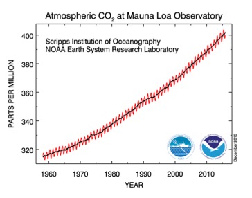 Graph of Atmospheric CO2 at Mauna Loa Observatory. Refer to caption for more details.