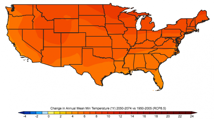 Projected temperature change. Refer to caption for more details.