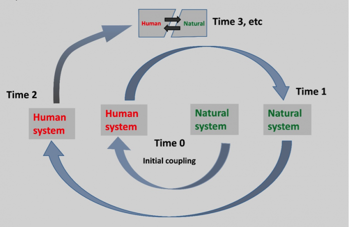 A coupled natural-human food system developing over time.  The initial coupling at time 0 is the natural system presenting itself to human society with its properties for potential food production.  The Human system “responds” by reorganizing the natural system for food production (time 2), and feedbacks from the natural system ensue with impacts on the human system.  These feedbacks are either intended consequences (e.g food production and income generation) or unintended consequences (e.g. river and estuary pollution, greenhouse gas emissions), see image caption