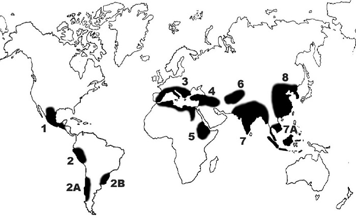  Map of the crop centers of origin, as described in caption.