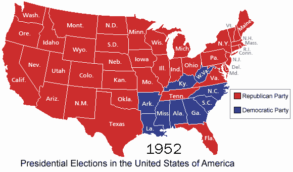 Animated map of presidential elections results from 1952-2004. See link to raw data in credit