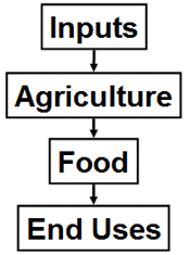 A flow diagram beginning with input leading to agriculture, then food, and finally end uses. 