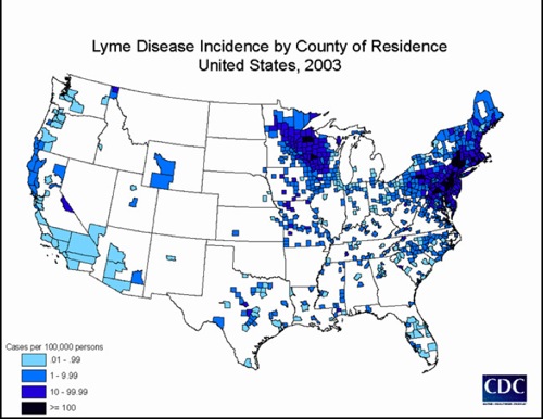 US Map of Lyme disease by county.