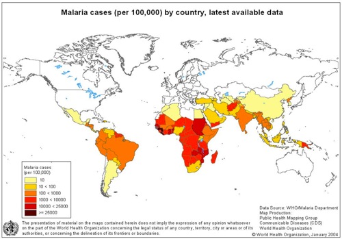 Malaria cases (per 100,000) by country, latest avail. data