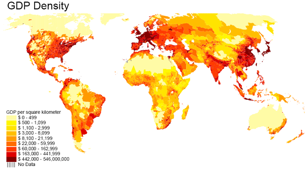 Map showing GDP density over the globe by square kilometer. More details in paragraph below.