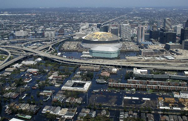 Image of the New Orleans super dome surrounded by a flooded city after Hurricane Katrina 