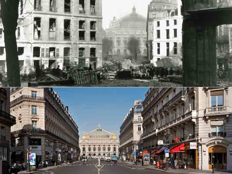 Top: black and white photo of Paris with buildings falling down, Bottom: Present image of same buildings but standing.