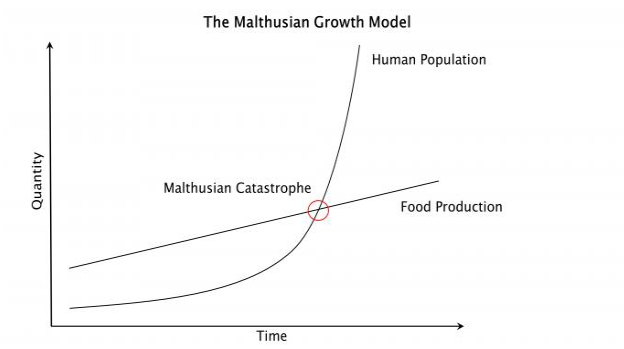 Malthusian growth model with quantity on y, time x. Intersection of population and food is the catastrophe point