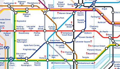 A map showing the central portion of the London Underground System with inaccurate distances between stops