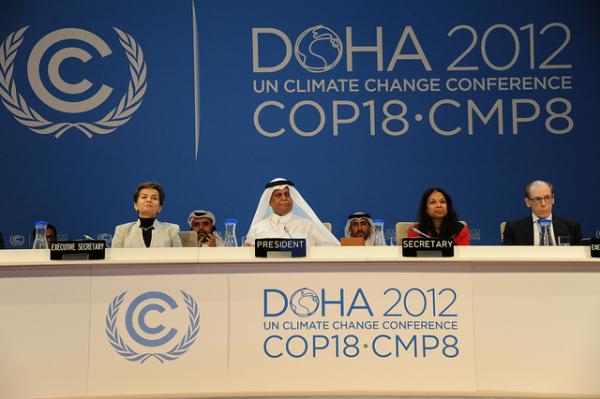 Photo of a panel at the Doha Climate Change COP meeting