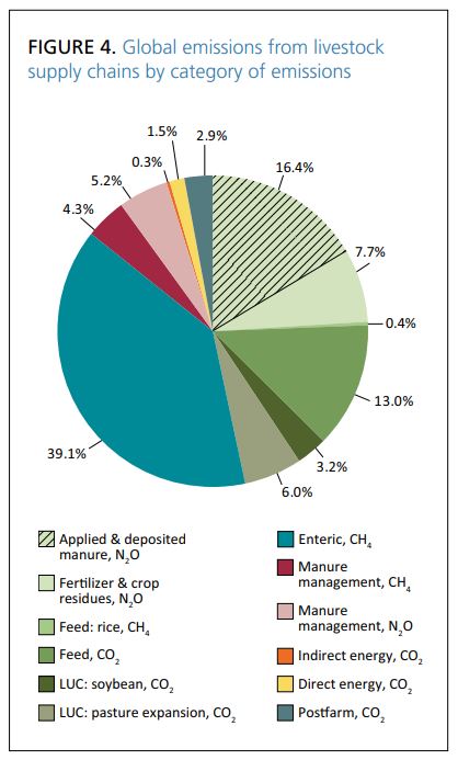 pie chart showing the percentages of parts of livestock production and their impacts on GHG emissions. See text alternative below