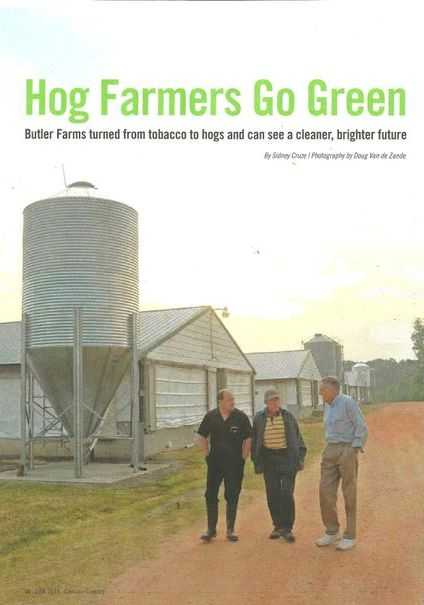 screenshot of article: Hog Farmers Go Green - Tom Butler story. 3men walking down a dirt farm road