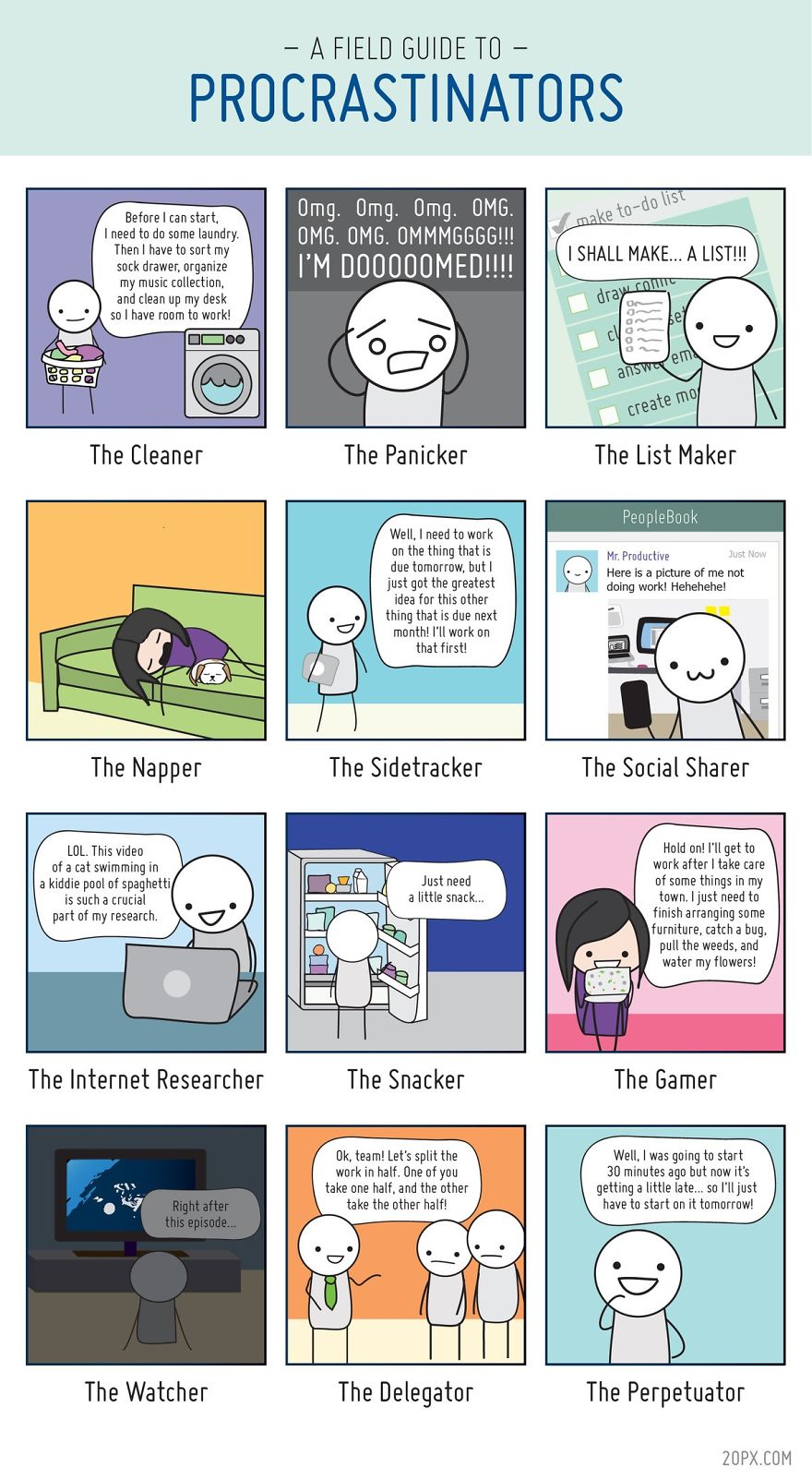 Field Guide to Procrastination by Angela Liao illustrating twelve types of procrastinators:  The Cleaner, The Panicker, The List maker, The Napper, The Sidetracker, The Social Sharer, The Internet Researcher, The Snacker, The Gamer, The Watcher, The Delegator, The Perpetuator