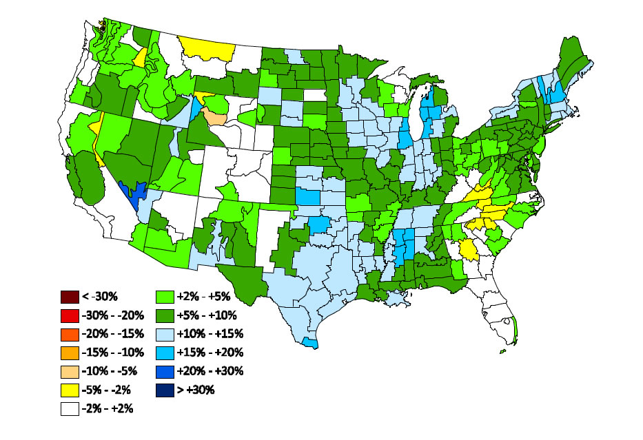 Map of the U.S., showing participation trending upward between 1895-2009. Increase almost everywhere by 2-20%