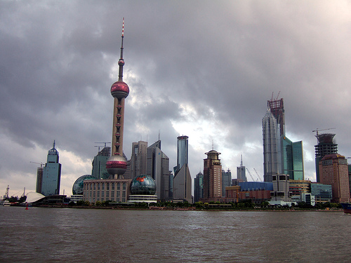 Waterfront in Shanghai, China. Many skyscrapers