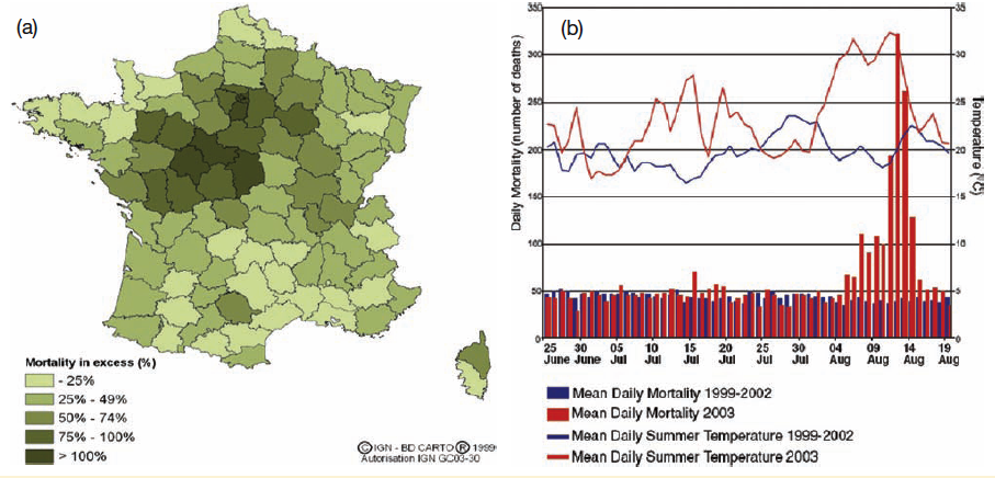 Map & chart of France showing mortality rates in the summer months. Rates were steady until a heat wave in August 2003 when they spiked