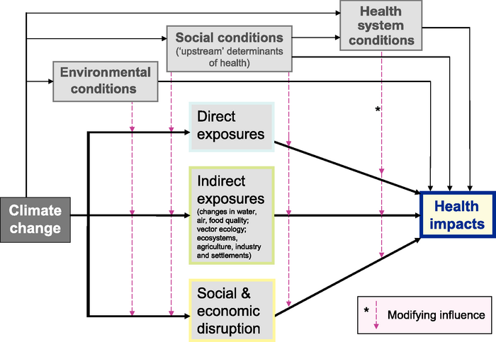 Flowchart shows climate change affects health by direct/indirect exposure, social/economic disruption & environmental/social conditions