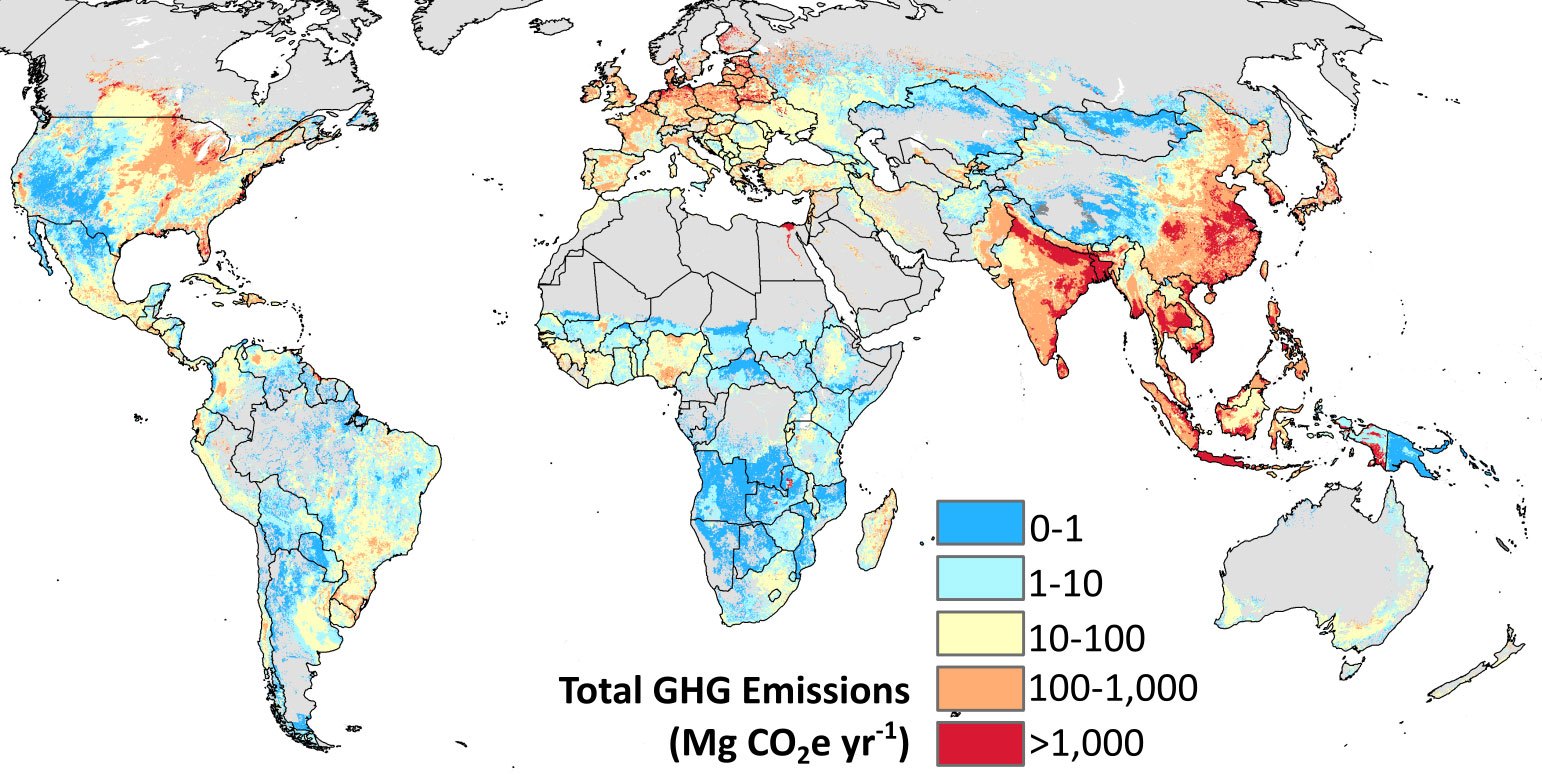 Global GHG Emissions from Crop Production. Most in india, s. pacific and china, and europe. mid amount in africa, s. america and US