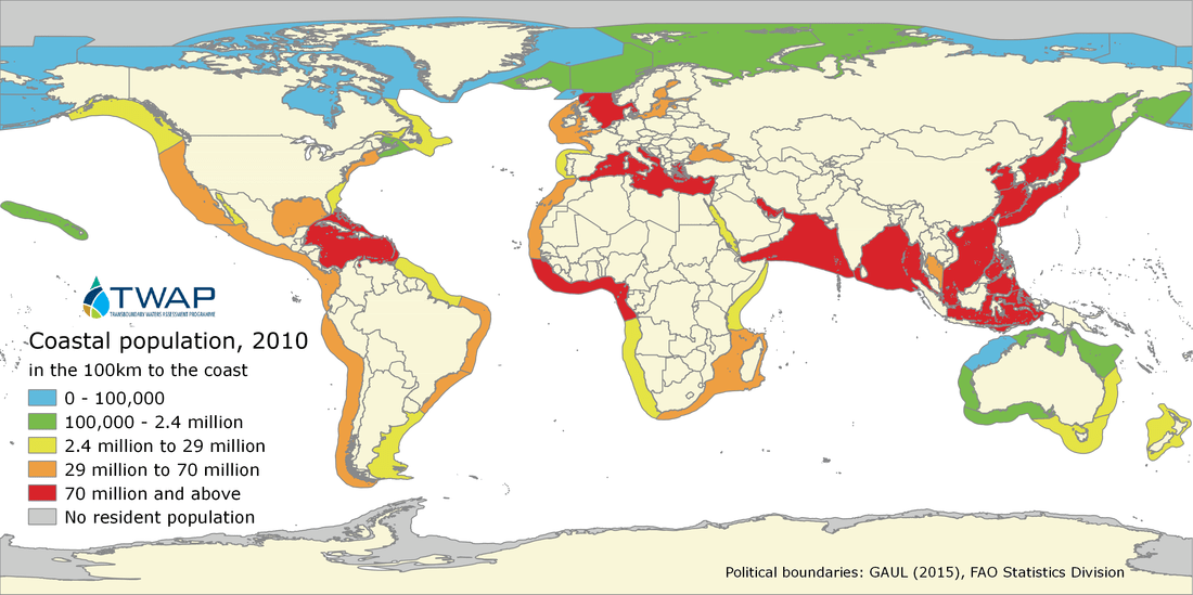 world map demonstrating population density of coastal areas