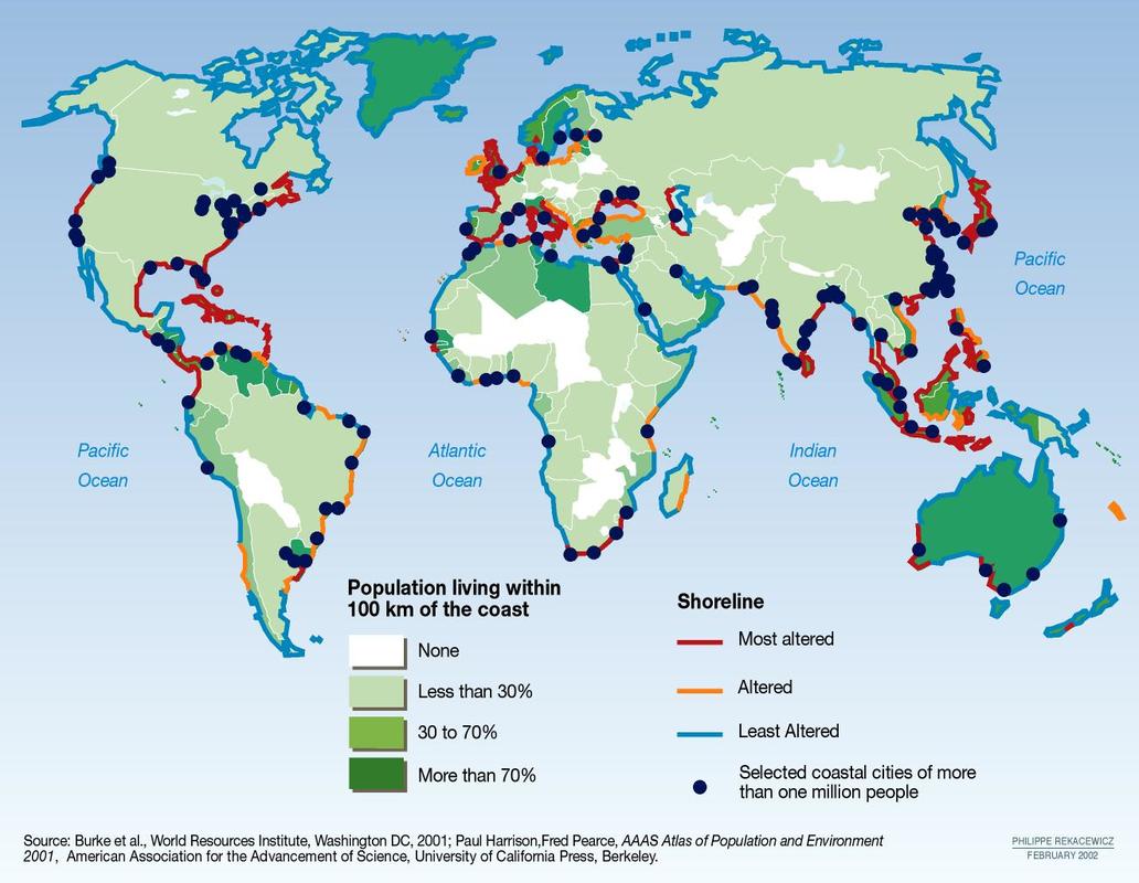 world map demonstrating population density of coastal areas