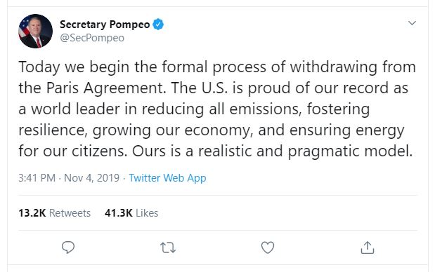 Tweet from Secretary Pompeo announcing formal process to withdraw from Paris Agreement