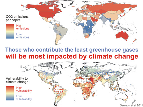 global map demonstrating areas with least contribution to GHGs will experience most vulnerability to climate change impacts