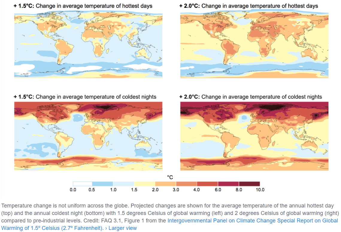 Four maps depicting disparity of rising temperature around the world