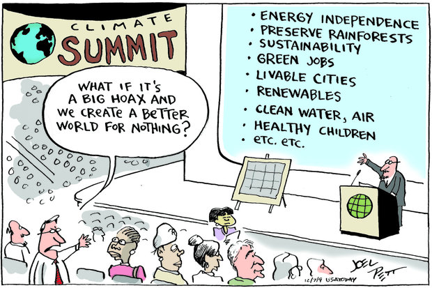 Cartoon of the Copenhagen Climate Summit suggesting that efforts to reduce climate change might make the world a better place based on a 'hoax'