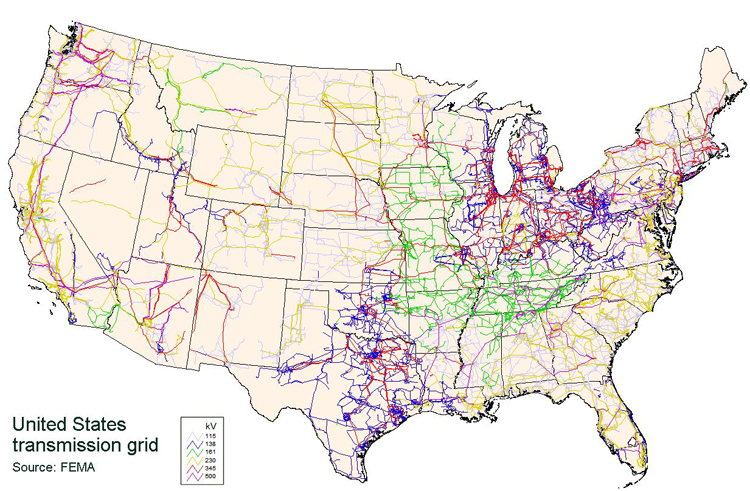 Map of the United States Transmission Grid. Most power lines along North East and Coasts. including the great lakes and the gulf of mexico