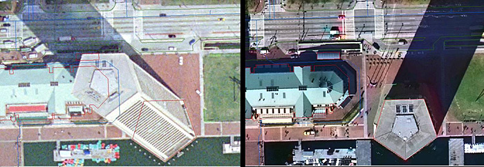 A ground orthophoto (left) and a true orthophoto (right) of the same area. Described in text.