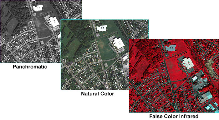 Three aerial photographs in grayscale (also called panchromatic), true color (RBG), and false-color infrared (CIR)