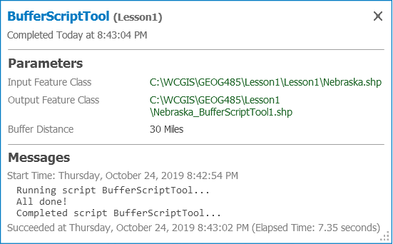  A screen capture of the Buffer Script Tool dialog box to show a custom geoprocessing message