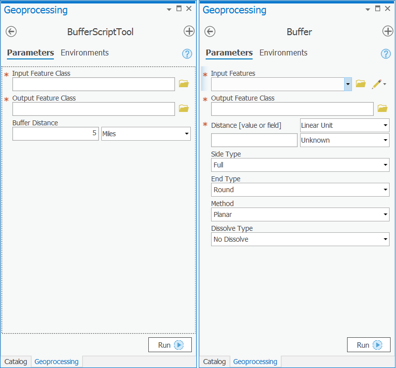  Screen captures of the Buffer Script Tool and Buffer dialog boxes to show both dialogs compared